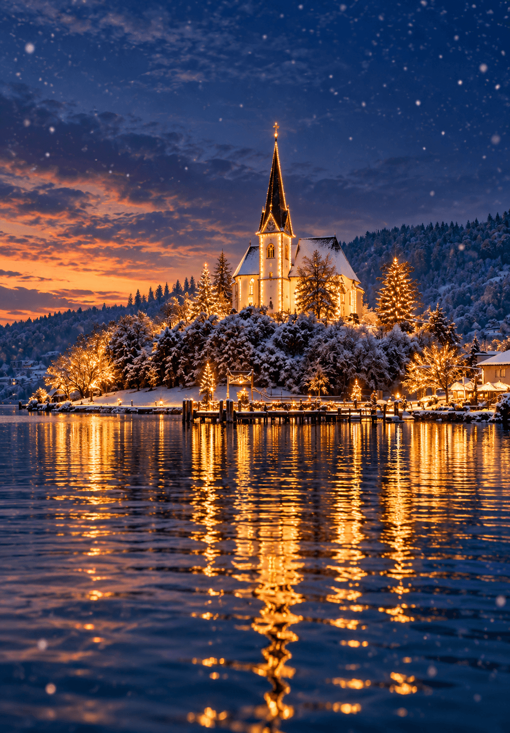 Verschneite Kirche am See im Adventlicht
